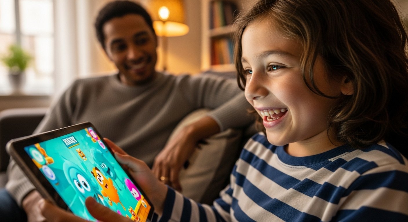 A happy child playing engaging kids games on a tablet at home